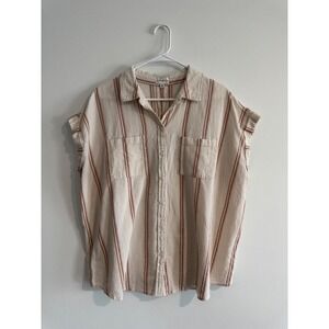 Wonderly Striped Button Down Shirt Women 1X Cream 100% Cotton Coastal boho